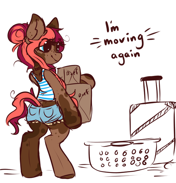 Size: 2882x3000 | Tagged: safe, artist:ruef, oc, oc:ruef, unofficial characters only, pony, bipedal, box, carrying, clothes, female, image, laundry basket, luggage, mare, messy bun, messy mane, png, shorts, smiling, solo, spots, tail, text