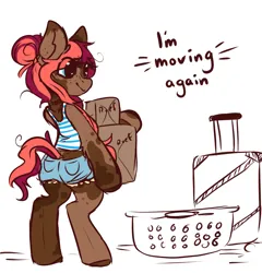 Size: 2882x3000 | Tagged: safe, artist:ruef, oc, oc:ruef, unofficial characters only, pony, bipedal, box, carrying, clothes, female, image, laundry basket, luggage, mare, messy bun, messy mane, png, shorts, smiling, solo, spots, tail, text