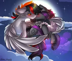 Size: 2451x2080 | Tagged: safe, alternate version, artist:yuris, derpibooru import, oc, oc:mimicry, oc:primaryforce, pegasus, pony, alternate character, blushing, ears up, female, floppy ears, flying, full moon, image, imminent kissing, magic, magic aura, male, moon, night, png, shipping, sky, straight