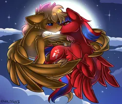 Size: 2451x2080 | Tagged: safe, alternate version, artist:yuris, derpibooru import, oc, oc:caramel crunch, oc:ivory flare, pegasus, pony, alternate character, blushing, ears up, female, floppy ears, flying, full moon, image, imminent kissing, male, moon, night, png, shipping, sky, straight