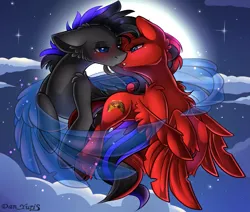 Size: 2451x2080 | Tagged: safe, alternate version, artist:yuris, derpibooru import, oc, oc:rexi, pegasus, pony, alternate character, blushing, ears up, female, floppy ears, flying, full moon, image, imminent kissing, magic, male, moon, night, png, shipping, sky, straight