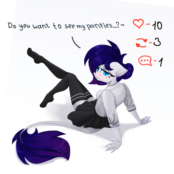 Size: 3000x3000 | Tagged: suggestive, artist:anastas, derpibooru import, oc, oc:amethyst dawn, anthro, blushing, clothes, comic sans, embarrassed, eyelashes, floppy ears, hand, image, inviting, legs in air, leonine tail, looking at you, looking back, looking back at you, meta, png, purple hair, purple mane, repost, seduction, seductive, seductive pose, shirt, simple background, skirt, socks, solo, stockings, sultry pose, tail, text, thigh highs, twitter, twitter link, white background, wingless