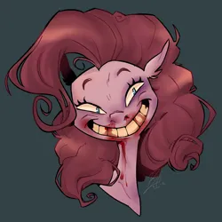 Size: 1080x1080 | Tagged: semi-grimdark, artist:lagoartz, derpibooru import, pinkie pie, earth pony, pony, fanfic:cupcakes, blood, blue eyes, bruised, creepy, creepy smile, curly mane, ear fluff, female, g4, gray background, image, mare, nosebleed, png, signature, simple background, smiling, solo