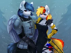 Size: 2217x1662 | Tagged: safe, artist:alphadesu, derpibooru import, oc, unofficial characters only, anthro, earth pony, pegasus, pony, armor, breasts, cleavage, clothes, dawnguard, dress, duo, female, image, male, png, skyrim, sleeveless, snow, sword, the elder scrolls, weapon