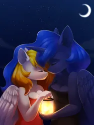 Size: 1662x2217 | Tagged: safe, artist:alphadesu, derpibooru import, princess luna, oc, oc:starfyre, alicorn, anthro, pegasus, breasts, canon x oc, cleavage, clothes, dress, eyes closed, female, image, lantern, lesbian, night, png, sleeveless