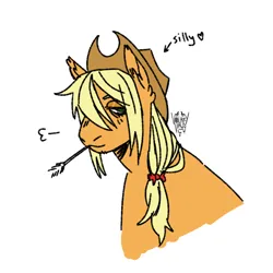 Size: 1280x1280 | Tagged: safe, artist:volaryvirus, derpibooru import, applejack, wheat grass, earth pony, pony, applejack's hat, bags under eyes, blushing, cowboy hat, ear fluff, female, freckles, g4, hair over one eye, hat, heart, image, lidded eyes, mare, mouth hold, png, ponytail, signature, silly, silly pony, simple background, smiling, solo, text, white background, who's a silly pony