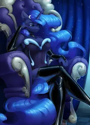 Size: 1631x2259 | Tagged: safe, artist:alphadesu, derpibooru import, princess luna, alicorn, anthro, amused, breasts, cleavage, clothes, crossed legs, dominatrix, evening gloves, female, fingerless elbow gloves, fingerless gloves, gloves, image, latex, latex gloves, latex socks, long gloves, mistress, png, sitting, socks, solo, throne
