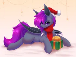 Size: 2217x1662 | Tagged: safe, artist:alphadesu, derpibooru import, oc, unofficial characters only, bat pony, pony, christmas, clothes, hat, holiday, image, looking at you, lying down, png, present, prone, santa hat, scarf, solo, turned head