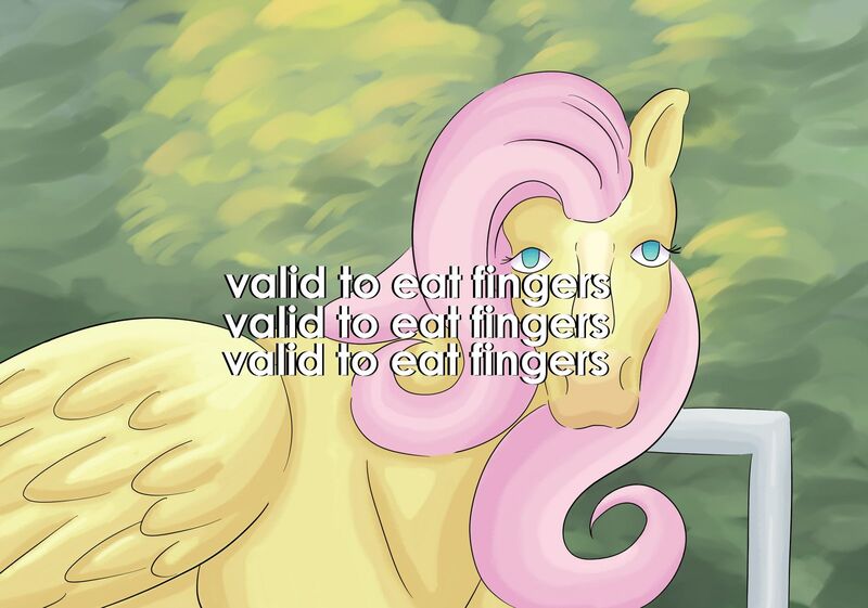 Size: 1600x1122 | Tagged: artist needed, safe, derpibooru import, fluttershy, horse, pony, english, female, fingers, image, jpeg, looking at you, mare, solo, text, valid to eat fingers