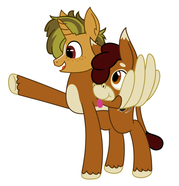 Size: 1296x1344 | Tagged: safe, artist:of-felt-and-cardboard, derpibooru import, oc, oc:flapjack, oc:pogo springs, hybrid, mule, pony, unicorn, :p, detachable head, freckles, head swap, headless, image, male, modular, pegamule, png, simple background, sticker, tongue out, transparent background, wing hands, wings
