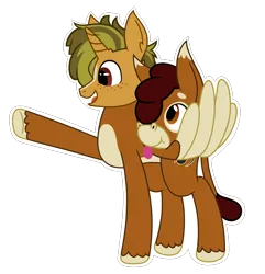 Size: 1296x1344 | Tagged: safe, artist:of-felt-and-cardboard, derpibooru import, oc, oc:flapjack, oc:pogo springs, hybrid, mule, pony, unicorn, :p, detachable head, freckles, head swap, headless, image, male, modular, pegamule, png, simple background, sticker, tongue out, transparent background, wing hands, wings