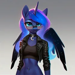 Size: 4096x4096 | Tagged: suggestive, ai content, alternate version, derpibooru import, machine learning generated, princess luna, alicorn, anthro, beautiful, belly button, belly piercing, clothes, g4, glasses, image, jacket, jpeg, leather, leather jacket, piercing, prompter:anonynmi, simple background