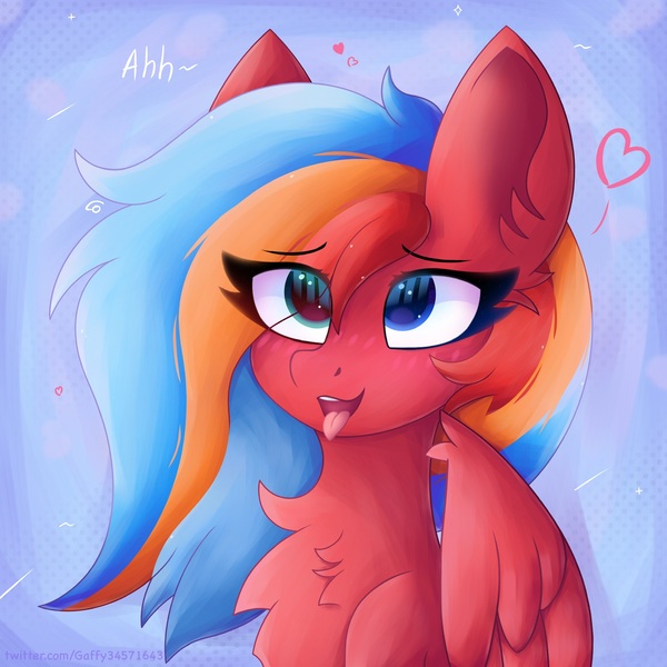 Size: 1773x1773 | Tagged: safe, artist:gaffy, derpibooru import, oc, oc:gaffy, unofficial characters only, pegasus, ahegao, chest fluff, ear fluff, female, heterochromia, image, jpeg, open mouth, pegasus oc, solo, solo female, tongue out, wings