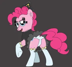 Size: 828x767 | Tagged: suggestive, artist:thebronypony123, derpibooru import, pinkie pie, earth pony, pony, balloonbutt, butt, clothes, female, gray background, image, jpeg, looking at you, looking back, looking back at you, maid, open mouth, open smile, panties, raised hoof, simple background, skirt, smiling, socks, solo, thigh highs, underwear, upskirt