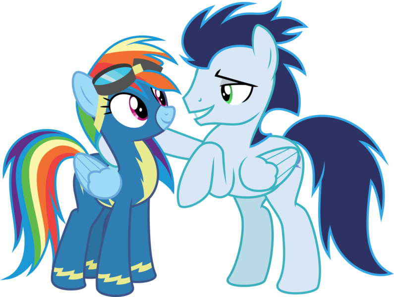 Size: 2116x1596 | Tagged: safe, alternate version, artist:sollace, derpibooru import, rainbow dash, soarin', pegasus, pony, grannies gone wild, season 8, spoiler:s08, .svg available, bedroom eyes, clothes, derpibooru exclusive, eye contact, female, g4, goggles, image, looking at each other, looking at someone, male, mare, png, raised hoof, shipping, shipping fuel, simple background, smiling, soarindash, stallion, straight, transparent background, uniform, vector, wonderbolts uniform