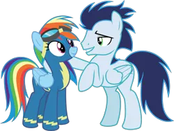 Size: 2116x1596 | Tagged: safe, alternate version, artist:sollace, derpibooru import, rainbow dash, soarin', pegasus, pony, grannies gone wild, season 8, spoiler:s08, .svg available, bedroom eyes, clothes, derpibooru exclusive, eye contact, female, g4, goggles, image, looking at each other, looking at someone, male, mare, png, raised hoof, shipping, shipping fuel, simple background, smiling, soarindash, stallion, straight, transparent background, uniform, vector, wonderbolts uniform