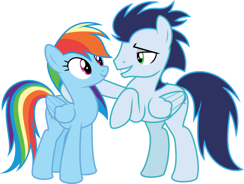 Size: 7953x6000 | Tagged: safe, alternate version, artist:sollace, derpibooru import, rainbow dash, soarin', pegasus, pony, grannies gone wild, season 8, spoiler:s08, .svg available, bedroom eyes, clothes, derpibooru exclusive, eye contact, female, g4, goggles, image, looking at each other, looking at someone, male, mare, png, raised hoof, shipping, shipping fuel, simple background, smiling, soarindash, stallion, straight, transparent background, vector