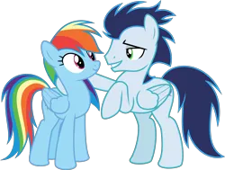 Size: 7953x6000 | Tagged: safe, alternate version, artist:sollace, derpibooru import, rainbow dash, soarin', pegasus, pony, grannies gone wild, season 8, spoiler:s08, .svg available, bedroom eyes, clothes, derpibooru exclusive, eye contact, female, g4, goggles, image, looking at each other, looking at someone, male, mare, png, raised hoof, shipping, shipping fuel, simple background, smiling, soarindash, stallion, straight, transparent background, vector