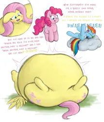 Size: 3000x3500 | Tagged: suggestive, artist:aaatheballoon, derpibooru import, fluttershy, pinkie pie, rainbow dash, earth pony, pegasus, pony, air inflation, belly, belly bed, big belly, butt, cloud, dialogue, embarrassed, female, flustered, huge belly, huge butt, humiliation, image, impossibly large belly, impossibly large butt, inflation, jumping, large butt, laughing, lying down, mare, on back, png, trio
