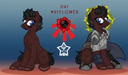 Size: 1700x1000 | Tagged: safe, artist:devorierdeos, derpibooru import, oc, oc:day mayflower, unofficial characters only, fallout equestria, armor, blue eyes, cutie mark, halo, image, png, raider, raincoat, reference sheet, simple background