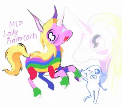 Size: 2267x2000 | Tagged: safe, artist:heartwoozy, derpibooru import, ponified, dog, pony, semi-anthro, unicorn, adventure time, crossover, duo, duo male and female, female, female focus, horn, image, jake the dog, jpeg, lady rainicorn, male, mare, one eye closed, rule 85, solo focus, tail, wink