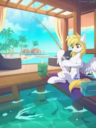 Size: 2160x2872 | Tagged: safe, artist:strafe blitz, derpibooru import, oc, oc:star nai, unofficial characters only, alicorn, fish, pony, alicorn oc, beach, belly, bucket, cel shading, cloud, concave belly, crepuscular rays, curtains, day, depth of field, ear fluff, fishing, hoof hold, horn, image, ocean, outdoors, partially open wings, png, shading, sitting, sky, slender, solo, thin, toolbox, underhoof, water, wings, wood