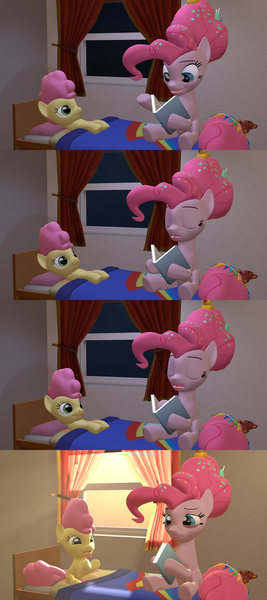Size: 1920x4320 | Tagged: safe, artist:papadragon69, derpibooru import, li'l cheese, pinkie pie, the last problem, 3d, bags under eyes, book, clapping, comic, g4, image, old master q, older, older pinkie pie, parody, png, reading, reference, source filmmaker, sunrise