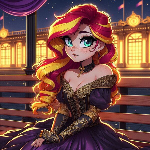 Size: 1024x1024 | Tagged: safe, ai content, derpibooru import, machine learning generated, prompter:glimmy-glam, sunset shimmer, human, banner, bench, blushing, breasts, choker, cleavage, clothes, dress, elegant, embroidery, flag, freckles, generator:dall-e 3, gloves, gown, image, jpeg, lamp, off shoulder, palace, sitting, skirt