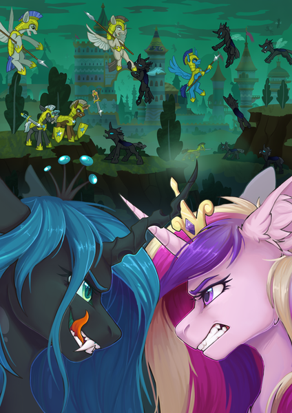 Size: 2481x3507 | Tagged: safe, artist:dorkmark, artist:helmie-art, derpibooru import, princess cadance, queen chrysalis, oc, oc:dima, oc:helmie, alicorn, changeling, earth pony, pegasus, pony, unicorn, angry, background pony, collaboration, guard, image, png, war