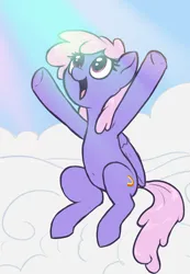Size: 1910x2765 | Tagged: safe, alternate version, artist:t72b, edit, editor:hotkinkajou, ponerpics import, rainbowshine, pegasus, pony, armpits, belly button, cloud, crepuscular rays, depornified, hooves in air, image, looking up, open mouth, open smile, png, rainbowshining, raised hoof, sitting, sky, smiling, solo