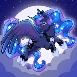 Size: 1280x1280 | Tagged: safe, artist:sparkytopia, derpibooru import, princess luna, alicorn, pony, cloud, crown, female, flying, g4, image, jewelry, jpeg, looking at you, mare, moon, regalia, signature, smiling, solo, spread wings, stars, wings