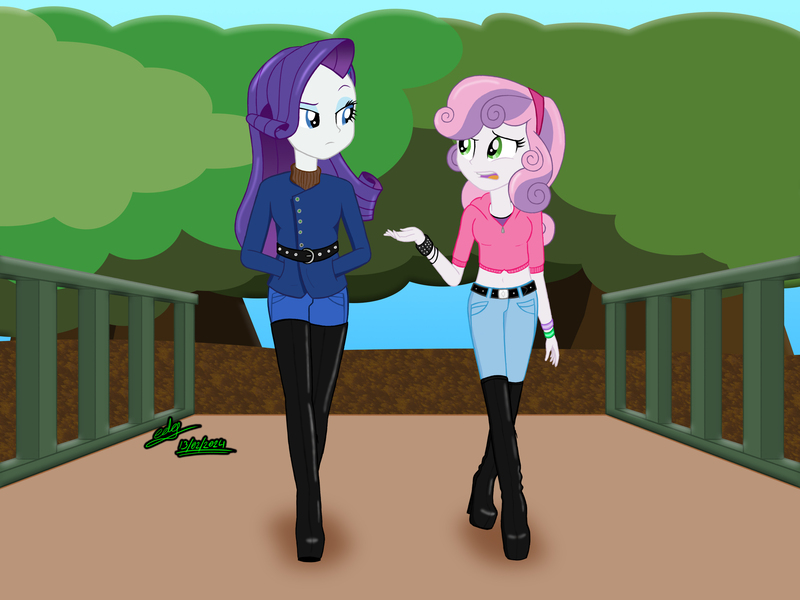 Size: 2560x1920 | Tagged: safe, artist:gibsterboy5, derpibooru import, rarity, sweetie belle, human, equestria girls, belt, boots, bracelet, bridge, clothes, complex background, denim, duo, female, g4, hairband, headband, high heel boots, high heels, hoodie, image, jacket, jeans, jewelry, jpeg, leather, leather boots, looking at each other, looking at someone, midriff, older, older sweetie belle, pants, shoes, signature, talking, thigh boots, tree, walking