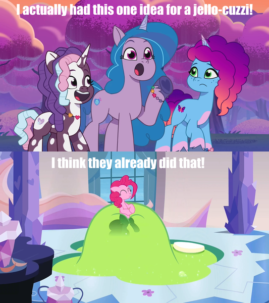 Size: 1920x2160 | Tagged: safe, derpibooru import, edit, edited screencap, screencap, izzy moonbow, pinkie pie, violette rainbow, g5, games ponies play, my little pony: tell your tale, crystal mud bath, g4, image, jello-cuzzi, misty brightdawn, png, swirlpool starlight