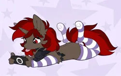 Size: 1199x751 | Tagged: safe, artist:trickate, derpibooru import, oc, unofficial characters only, anthro, unicorn, :p, clothes, cute, detached sleeves, dragon plushie, gaming, holding, image, jpeg, legs in air, lying down, male, playstation, playstation portable, plushie, prone, socks, solo, stockings, striped socks, tail, thigh highs, tongue out, underhoof