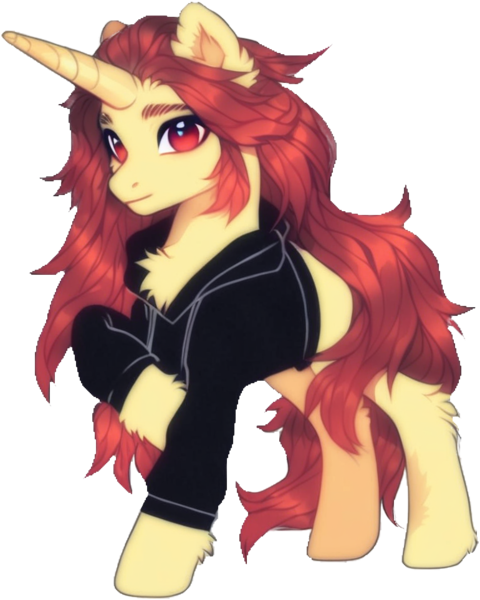 Size: 770x963 | Tagged: safe, ai content, derpibooru import, machine learning generated, prompter:endronist, stable diffusion, oc, oc:mr patchy, unofficial characters only, fluffy pony, pony, unicorn, big horn, black sweatshirt, chest fluff, cloth, cute, detailed mane, ear fluff, fluffy, generator:pony diffusion v6 xl, hoof fluff, horn, image, long mane, png, raised hoof, red eyes, red mane, simple background, smiling, smirk, sweatshirt, transparent background, yellow body