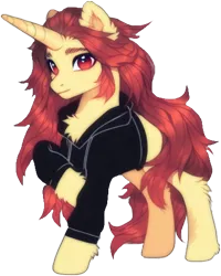 Size: 770x963 | Tagged: safe, ai content, derpibooru import, machine learning generated, prompter:endronist, stable diffusion, oc, oc:mr patchy, unofficial characters only, fluffy pony, pony, unicorn, big horn, black sweatshirt, chest fluff, cloth, cute, detailed mane, ear fluff, fluffy, generator:pony diffusion v6 xl, hoof fluff, horn, image, long mane, png, raised hoof, red eyes, red mane, simple background, smiling, smirk, sweatshirt, transparent background, yellow body