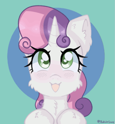 Size: 519x560 | Tagged: safe, artist:bubblegooey, derpibooru import, part of a set, sweetie belle, pony, unicorn, :3, :d, adorable face, animated, blushing, cheek fluff, chest fluff, curly mane, cute, daaaaaaaaaaaw, diasweetes, ear fluff, eye shimmer, female, filly, fluffy, foal, g4, gif, green background, green eyes, happy, hoof fluff, horn, image, looking at you, looking up, looking up at you, neck fluff, open mouth, open smile, pink mane, signature, simple background, smiling, smiling at you, solo, sparkly eyes, white coat, wingding eyes