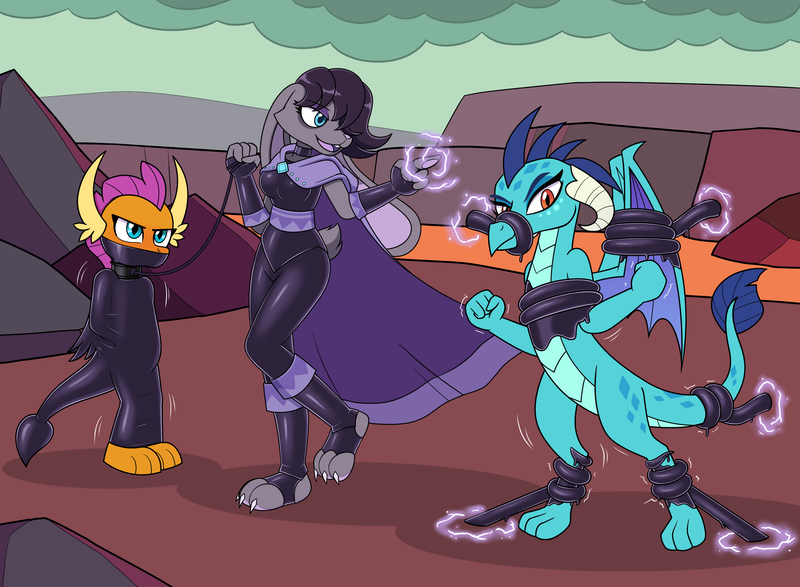 Size: 3000x2200 | Tagged: suggestive, artist:nivek15, derpibooru import, princess ember, smolder, oc, oc:viola, anthro, dragon, rabbit, animal, bondage, bound and gagged, cape, choker, clothes, collar, commission, dragon lands, dragoness, encasement, female, females only, femdom, fingerless gloves, furry, gag, gloves, hair over one eye, high res, image, latex, latex clothes, leash, living latex, long gloves, magic, non-mlp oc, open mouth, open smile, pet play, png, smiling, sorceress, squirming, struggling, summoning, tentacle bondage, tentacle porn, tentacles, toeless legwear, trio, trio female