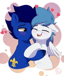Size: 3232x3811 | Tagged: safe, artist:joaothejohn, derpibooru import, oc, oc:deevfactor, oc:starlie, unofficial characters only, earth pony, pegasus, pony, blushing, commission, couple, cute, earth pony oc, eyes closed, holiday, image, kiss on the cheek, kissing, lidded eyes, male, pegasus oc, png, shipping, smiling, stallion, valentine's day, wings, ych result, your character here