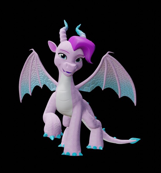 Size: 1186x1271 | Tagged: safe, artist:fynamic, derpibooru import, dragon, g5, my little pony: make your mark, 3d, 3d model, black background, blender, blender cycles, claws, dragoness, female, horns, image, jade (g5), jpeg, looking at you, open mouth, open smile, raised claw, simple background, smiling, solo, spread wings, tail, wings