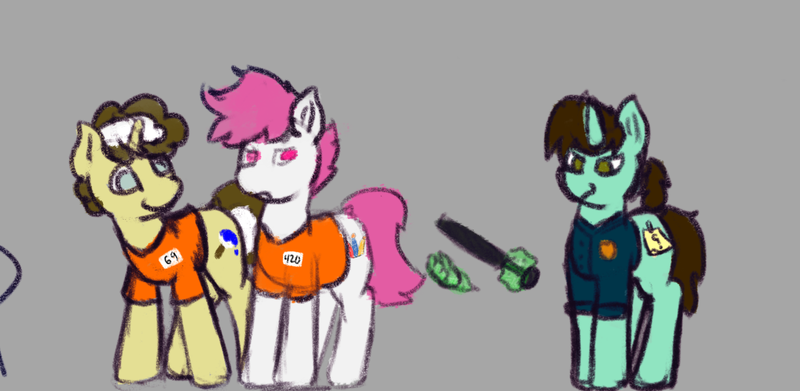 Size: 1204x589 | Tagged: safe, artist:smushybroner, derpibooru import, oc, oc:lokloy, oc:paintedskies, oc:smushy, earth pony, pony, unicorn, image, png, prisoner, warden