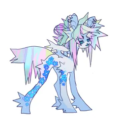 Size: 851x851 | Tagged: safe, artist:cutesykill, derpibooru import, oc, unofficial characters only, alicorn, pony, alicorn oc, beanbrows, beauty mark, blue eyes, coat markings, colored sclera, cyan eyes, ear fluff, ear piercing, earring, eyebrows, fangs, female, flower, horn, image, jewelry, leg fluff, lidded eyes, long legs, mare, messy mane, messy tail, multicolored mane, multicolored tail, narrowed eyes, nose piercing, partially open wings, piercing, png, septum piercing, sharp teeth, simple background, small horn, small wings, solo, standing, tail, teeth, white background, wing fluff, wings