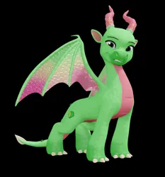 Size: 1186x1271 | Tagged: safe, artist:fynamic, derpibooru import, dragon, g5, my little pony: make your mark, 3d, 3d model, black background, blender, blender cycles, claws, horns, image, leaf (g5), looking at you, male, png, raised claw, simple background, smiling, solo, spread wings, tail, wings