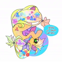 Size: 1021x1021 | Tagged: safe, artist:cutesykill, derpibooru import, applejack, earth pony, fish, pony, beauty mark, body freckles, bow, colored sclera, covering mouth, cutie mark, dialogue, female, flower, flower in hair, flower in tail, freckles, g4, green eyes, hair accessory, hair bow, hairclip, image, jpeg, mare, no mouth, ponytail, simple background, solo, speech bubble, stars, tail, talking, talking to viewer, text, tied tail, white background