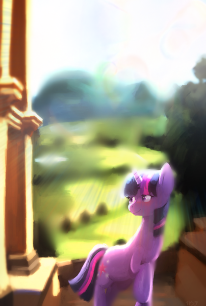 Size: 756x1124 | Tagged: safe, artist:idlyabetteliina, derpibooru import, twilight sparkle, pony, unicorn, crepuscular rays, female, image, looking back, mare, png, smiling, solo, sunlight, unicorn twilight