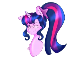 Size: 828x621 | Tagged: safe, artist:shqnnyhere, derpibooru import, sci-twi, twilight sparkle, ponified, pony, unicorn, bust, equestria girls ponified, female, g4, glasses, image, one eye closed, png, simple background, solo, transparent background, unicorn twilight, wink