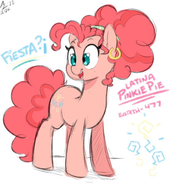 Size: 1924x2080 | Tagged: source needed, safe, artist:aer0 zer0, derpibooru import, pinkie pie, earth pony, pony, alternate hairstyle, aside glance, cute, diapinkes, ear piercing, earring, female, image, jewelry, latina pinkie pie, looking at you, mare, open mouth, piercing, png, sideways glance, simple background, smiling, solo, text, white background