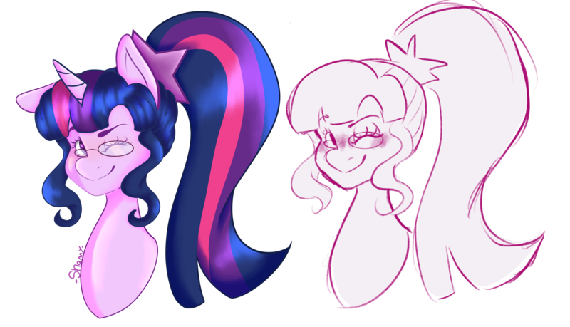 Size: 2910x1668 | Tagged: safe, artist:shqnnyhere, derpibooru import, sci-twi, twilight sparkle, ponified, pony, unicorn, bust, doodle, equestria girls ponified, g4, glasses, image, one eye closed, png, simple background, solo, transparent background, wink