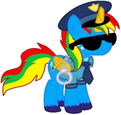 Size: 633x597 | Tagged: safe, artist:shieldwingarmorofgod, derpibooru import, oc, oc:shield wing, unofficial characters only, alicorn, clothes, cuffs, glasses, hat, image, male, necktie, png, police officer, solo, uniform