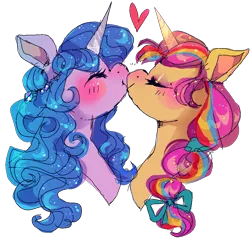 Size: 1000x970 | Tagged: safe, artist:njeekyo, derpibooru import, izzy moonbow, sunny starscout, earth pony, pony, unicorn, g5, blue eyes, bust, commission, duo, eyes closed, female, heart, image, kiss on the lips, kissing, lesbian, mare, png, ship:moonscout, shipping, simple background, transparent background